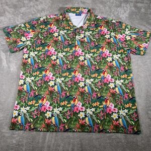 Hreski Golf Polo Shirt Mens 2XL Green Tropical Parrot Floral Stretch Casual